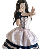LIZAKOSHT - Japan Summer Original Japanese Harajuku Cool Girl Fashion Black Pink Bow Dress Female Temperament Sweet Kawaii Princess Dress