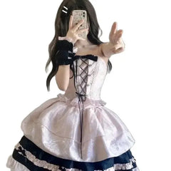 LIZAKOSHT - Japan Summer Original Japanese Harajuku Cool Girl Fashion Black Pink Bow Dress Female Temperament Sweet Kawaii Princess Dress