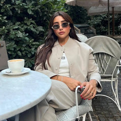 LIZAKOSHT - Woman Bomber Jacket White Autumn Winter Cropped Jackets for Women Long Sleeve with Buttons Lady Vintage Outwear