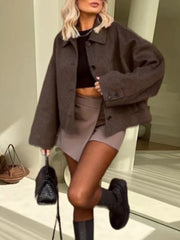 LIZAKOSHT - Vintage Coats Women Fashion Streetwear Long Sleeve Jackets New Autumn Winter Solid Loose Button Turn Down Collar Jackets