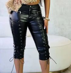 LIZAKOSHT - High Stretch Grommet Lace Up PU Leather Skinny Knee Length Pants Women Button Fly High Waist Zippers Slim Y2K Casual Trousers
