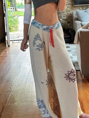 LIZAKOSHT - Y2k Aesthetic Streetwear Print Straight Pant Women Casual Patchwork Pantalon Personality Drawstring Grunge Wide Leg Trousers