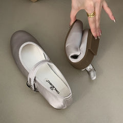 LIZAKOSHT - Comfort Satin Soft Sole Ladies Mary Jane Shoes Fashion Round Toe Shallow Women Flats Elegant Buckle Prom Designer Ballet Shoes