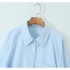 LIZAKOSHT - Spring 2024 Women Blue Striped Short Shirt Blouse Sexy Backless Lapel Streetwear Ladies Shirts Batwing Sleeve Blusas Mujer