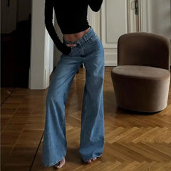 LIZAKOSHT - Amercian Retro White High Waist Straight Wide Leg Jeans Women Loose Denim Pants Floor Length Trousers blue black 4 colors