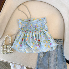 LIZAKOSHT - Strapless Strapless Strapless Pure Desire Blue Floral Puffy Camisole Women's Summer Design High-end Niche Outfit Tube Top