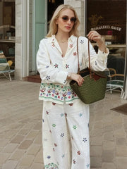 LIZAKOSHT  -  Holiday Embroidery Floral Shirts Women Blouses Suit Tops Two Piece Sets with Button Summer Vintage Elegant Woman Pant Suit