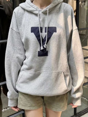 LIZAKOSHT - Casual Women Grey Embroidery Hoodies Fall Fashion Long Sleeves Sweatshirts Female Loose Pullovers