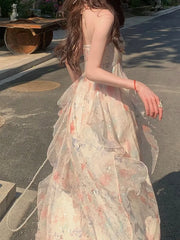 LIZAKOSHT - Summer Irregular Ruffles Midi Dress Women Sleeveless Beach Style Chiffon Halter Casual Holiday Sundress One Piece Vestidos Mujer
