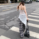 LIZAKOSHT - Summer New Streetwear Sexy See-through Irregular Mesh Camisole Women + Loose Casual Plaid Wide Leg Pants Two-piece Suit