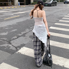LIZAKOSHT - Summer New Streetwear Sexy See-through Irregular Mesh Camisole Women + Loose Casual Plaid Wide Leg Pants Two-piece Suit