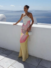 LIZAKOSHT  -  Elegant Print Halter Long Dress Women Backless Lace Up Sleeveless Beach Vestido Female 2025 Spring Summer Fashion Chic Dresses