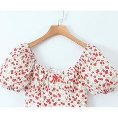 LIZAKOSHT  -  Summer Women Strawberry Print Sweet Dress Vintage Puff Sleeve V Neck Ladies Holiday Elegant Dress Short Robe Beautiful Clothing