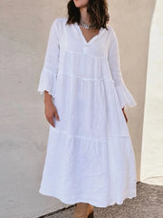 LIZAKOSHT  -  Sexy V-neck Flared Sleeve Loose Long Dress Fashion Button Pleated Solid Maxi Dress Spring Autumn Casual Cotton Linen Party Dress