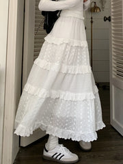 Lizakosht Solid Crochet Lace Skirt Womens White Skirt Vintage Spring Summer High Waisted High Low Ruched Ruffle Long Skirt rok