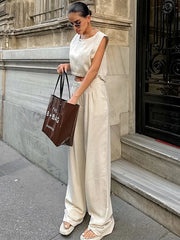 LIZAKOSHT - Summer Womem Fashion Round Neck Sleeveless Top Pants Suit Two-Piece Set Office Ladies Chic Pants Suits Womens Outfits