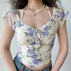 LIZAKOSHT - European and American Style Printed Mesh V-neck Short Sleeved T-shirt, Summer Slim Fit, Waistband, Hanging Neck Short Top