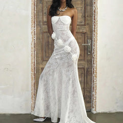 LIZAKOSHT - Summer Lace Strapless 3D Flowers Appliques Long Sleeveless Prom Club Dress See Through Sexy Solid Sheath Dress Vestidos