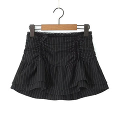 LIZAKOSHT - Y2K Cool Girls Drawstring Striped Mini Skirts Women Sexy Low Waist Lace Trim Summer Skirts