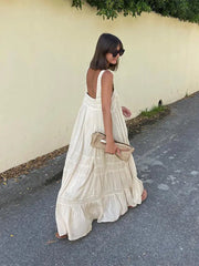 LIZAKOSHT - Summer Women Vacation Pachwork Maxi Dress Chi Elegant Square Neck Sleeveless Backless Pleated Vestidos 2024 Lady Vacation Robes