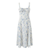 LIZAKOSHT - French Style Holiday Sling Dress Women Floral Print Hem Slit A-line Midi Summer Dresses