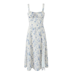 LIZAKOSHT - French Style Holiday Sling Dress Women Floral Print Hem Slit A-line Midi Summer Dresses