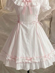 LIZAKOSHT - Japanese Vintage Kawaii Lolita Style Princess Dress Women Sweet Bow Puff Sleeve Slim Party Dress Harajuku Fashion Y2k Mini Dress