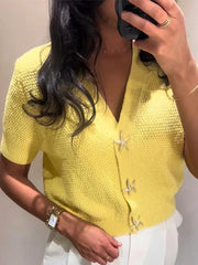 LIZAKOSHT - Knit Solid Women's Cardigan Fashion Loose Single-breasted Short Sleeve Female Sweater Summer V Neck Lady Knitwear 2025