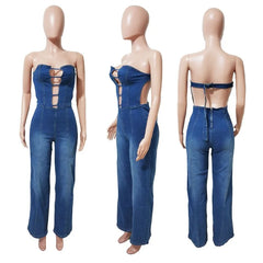 LIZAKOSHT  -  Fashion Sexy Solid Color Denim Jumpsuits Summer Clothes Women Strapless Backless Straight Jeans Playsuits One Pieces Overalls