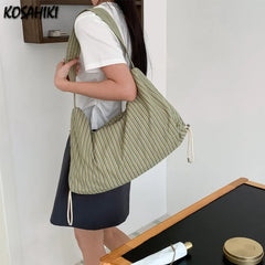 LIZAKOSHT - Fashion Simple Grunge Shoulder Underarm Bag Streetwear Y2k Vintage Striped Handbag Women Casual Shopping Tote Bags High-capacity