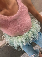 LIZAKOSHT - Women O Neck Feather Hem Knitted Vest Fashion Chic Sleeveless Sling Tank Tops 2024 Summer Female Casual High Street Pullover
