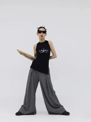 LIZAKOSHT - Waistcoat Irregular Sleeveless Slit Printing Round Collar Tops Aesthetics Y2k Vintage Design Tanktop Korean Fashion