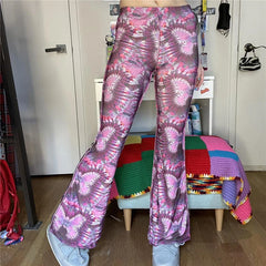 LIZAKOSHT - y2k Pants Women Heart/Butterfly Print Wide Leg Trousers Summer Flared Trouser Low Waist Harajuku Kawaii Streetwear