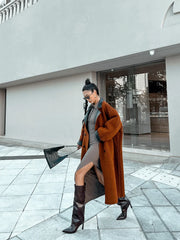 LIZAKOSHT - Vintage Fashion Woolen Coat Personalized Lamb Fleece Spliced Leather Double Breasted Suit Collar Coat