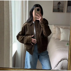 LIZAKOSHT - Casual Brown Women Coat Elegant Lapel Zippers Button Big Pocket Female Jacket 2025 Spring Autumn Elegant Lady Streetwear