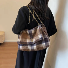 LIZAKOSHT 2024 Spring Fashion Woolen Plaid Large Capacity Tote Bag Korean Vintage Y2k High Street Trendy Women Shoulder Bag Designer Bag