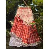 LIZAKOSHT - Cottagecore Style Patterned Color Blocked Lace Midi Skirt Women Summer Vintage Print Cake Skirts Sweet Loose Outfits Beach