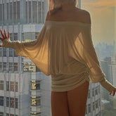 LIZAKOSHT - Bat Sleeve Mini Dress Women's Loose Comfortable Long Sleeve Hip Wrapping Skirt Elegant Sexy For Summer Self-cultivation Dress