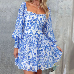 LIZAKOSHT - New Elegant Printed Mini Dress French 2024 Square Collar Swing A-line Dress Women All Match Long Sleeve Spring Autumn Mini Dress