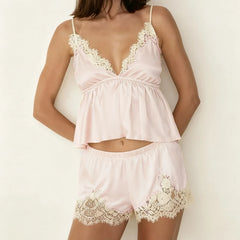 LIZAKOSHT - Women's Satin Lace Pajama Set V Neck Babydoll Cami Top and Mini Shorts 2 Piece Sleepwear Sexy Lounge Silk Pj Lounge Sets