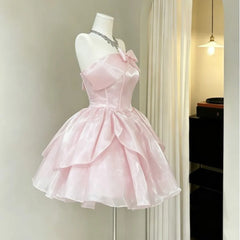 LIZAKOSHT - Sweet Girl A-Line Off Shoulder Bow Organza Homecoming Dress Lace Up Back Pink Short Puffy Cocktail Dress Party Mini Gown