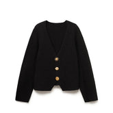 LIZAKOSHT - V-Neck Knitted Sweater Cardigan Irregular Button Minimalism Waist Cinching Slimming Soft Waxy Knitwear Vintage Knit Shirt Top