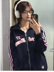 LIZAKOSHT  -  American Retro Fashion Streetwear Hoodie Women Vintage Grunge Letter Embroidery Zipper Oversized Hooded Sweatshirt 2023