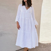 LIZAKOSHT  -  Sexy V-neck Flared Sleeve Loose Long Dress Fashion Button Pleated Solid Maxi Dress Spring Autumn Casual Cotton Linen Party Dress
