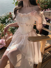 LIZAKOSHT - Women Sweet Pink Party Dress Female Puff Sleeve Ruffle Patchwork Princess Dress Lady Mesh Holiday Beach Cake Dress