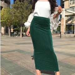 LIZAKOSHT - New Striped Elastic Temperament Slim Skirt Sexy Solid Color Knitted Bag Hip Ankle Women's All-season Women's Green Skirts