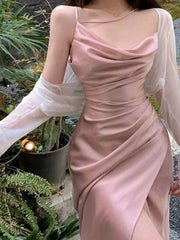 LIZAKOSHT - Summer French Style Low Collar Sling Dress Women High Waisted Wrap Hip Solid Slim Light Mature Style A-line Long Dress IYVL