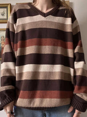 LIZAKOSHT - Vintage Striped Knitted Sweaters Casual Loose V-Neck Long Sleeve Pullovers Women Autumn Winter Fashion Streetwear