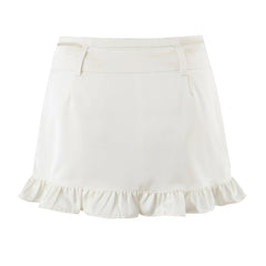 LIZAKOSHT - Sexy With Sashes Zipper Waist Satin Skirt With short lining Women Ruffles Hem A-line Package Hips Short Skater Bottom Black Pink