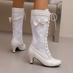 LIZAKOSHT - Big Size Shoes Woman Thigh-High Boots Lace Up Round Toe Large Size Over-the-Knee High Heel Rock Rubber Ladies Riding Lace-Up PU